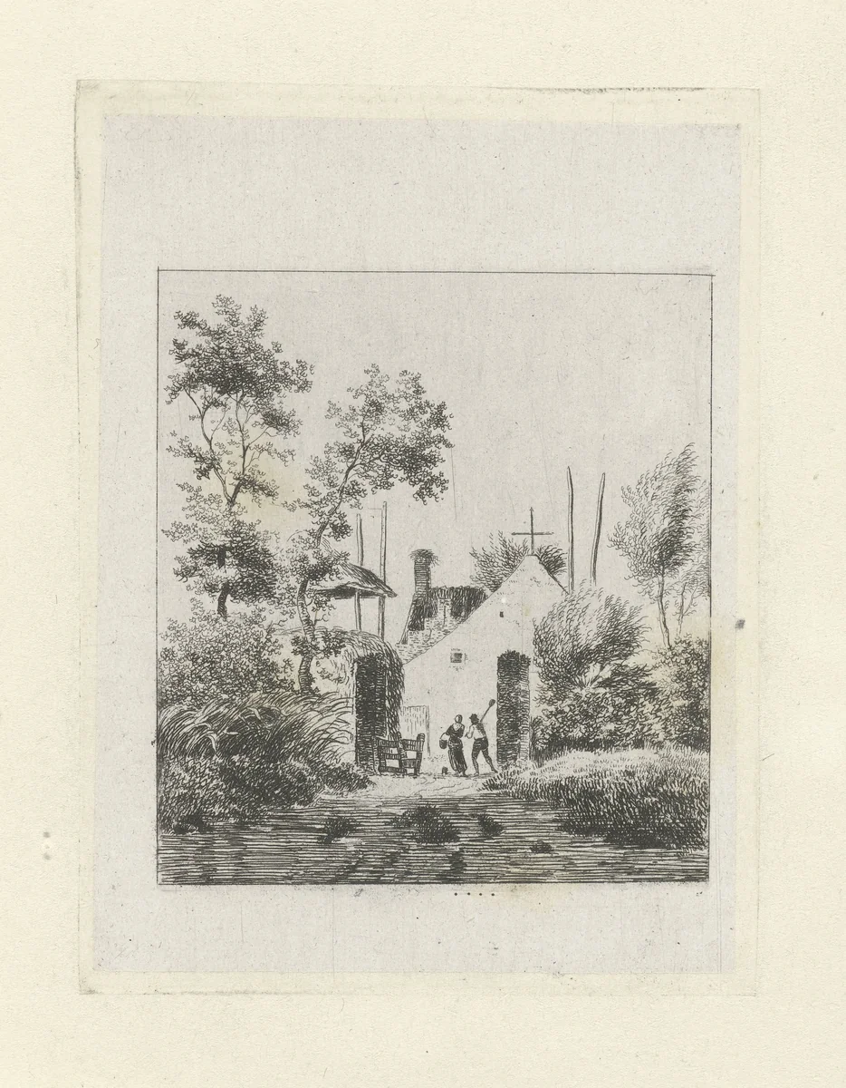 Man en een vrouw voor een boerderij by Jan Izaak van Mansvelt, print, 1771-1802