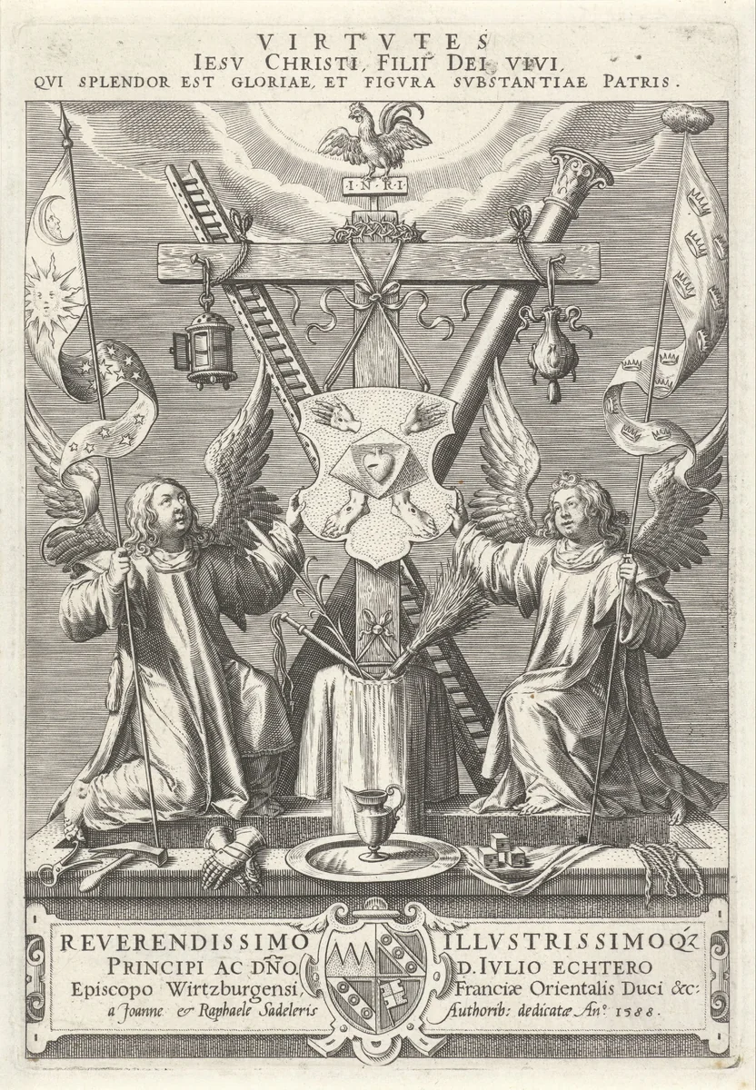 Twee engelen tonen de passiewerktuigen van Christus. by Unknown, print, 1588