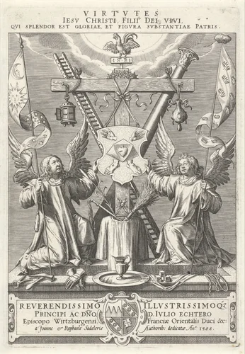 Twee engelen tonen de passiewerktuigen van Christus. by Unknown, print, 1588