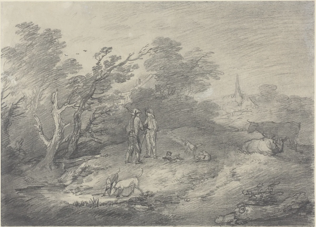 Woods Near a Village with Rabbit Catchers and Their Greyhounds by Thomas Gainsborough, drawing, 1755-1759