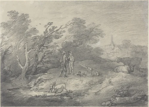 Woods Near a Village with Rabbit Catchers and Their Greyhounds by Thomas Gainsborough, drawing, 1755-1759