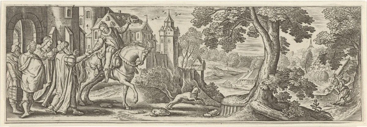 De verloren zoon neemt afscheid van zijn ouders by Julius Goltzius, print, 1560-1595