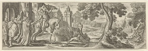 De verloren zoon neemt afscheid van zijn ouders by Julius Goltzius, print, 1560-1595