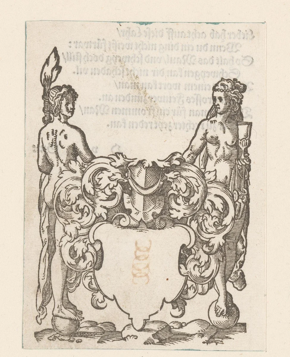 Leeg wapenschild met twee vrouwen op ballen als schildhouders by anonymous, print, 1579