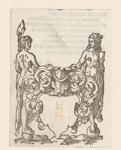Leeg wapenschild met twee vrouwen op ballen als schildhouders by anonymous, print, 1579