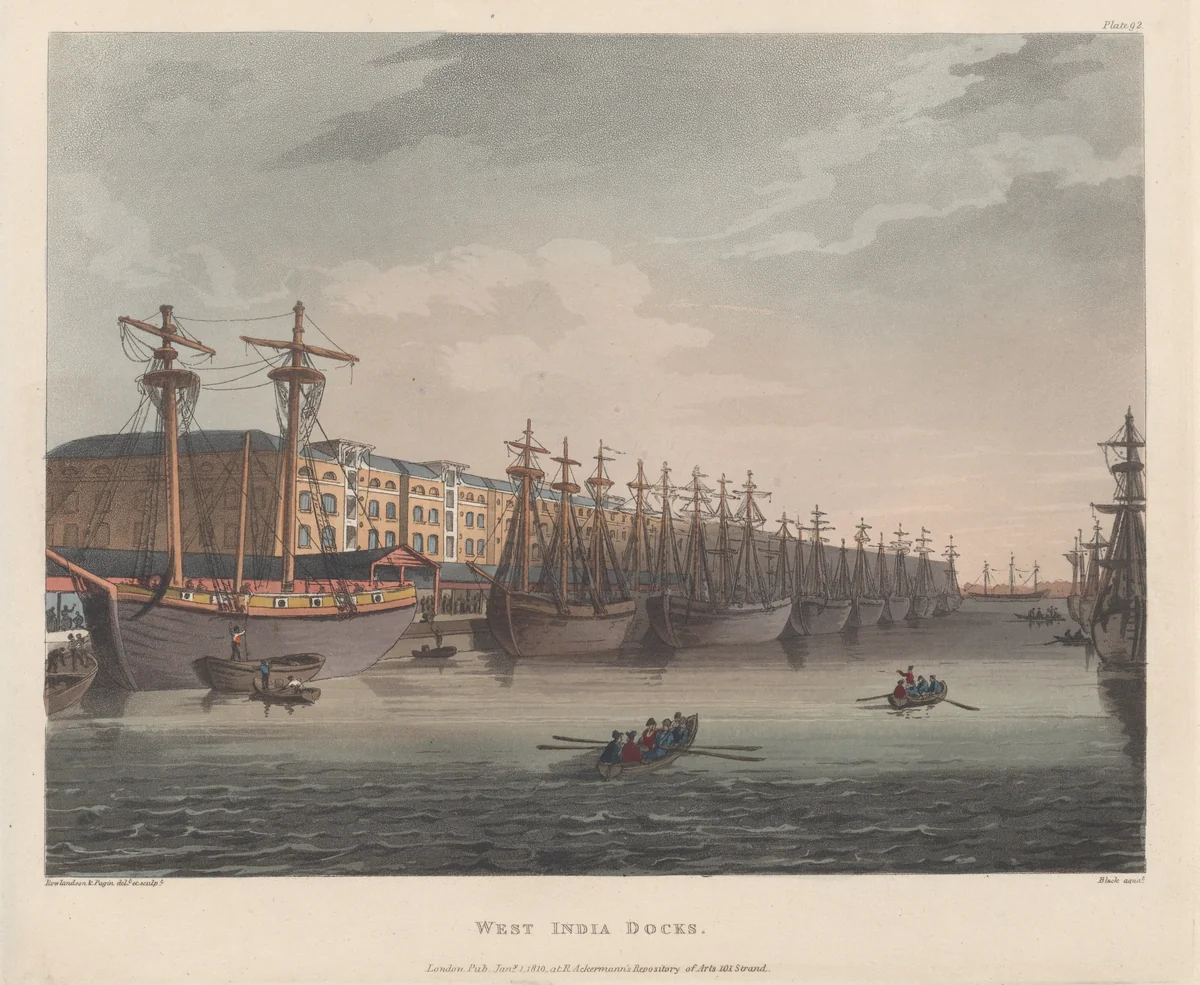 West India Docks by Thomas Rowlandson, print, 1810