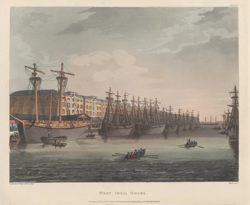 West India Docks by Thomas Rowlandson, print, 1810