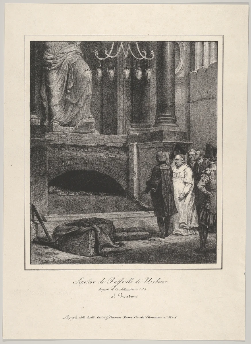 The Tomb of Raphael, Opened September 14, 1833, Pantheon, Rome by Horace Vernet, print, 1833
