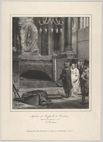 The Tomb of Raphael, Opened September 14, 1833, Pantheon, Rome by Horace Vernet, print, 1833