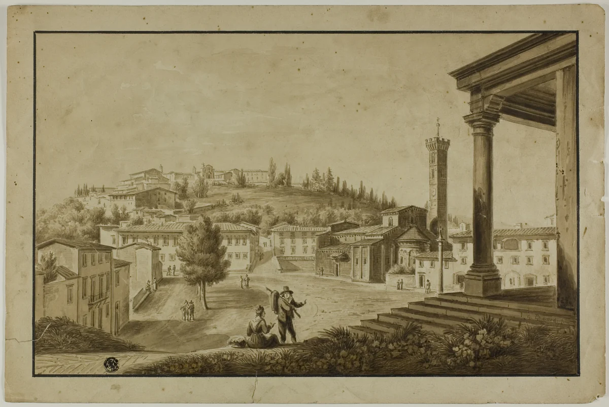 View of Piazza in Fiesole by Giuseppe Gherardi, drawing, 1808-1884