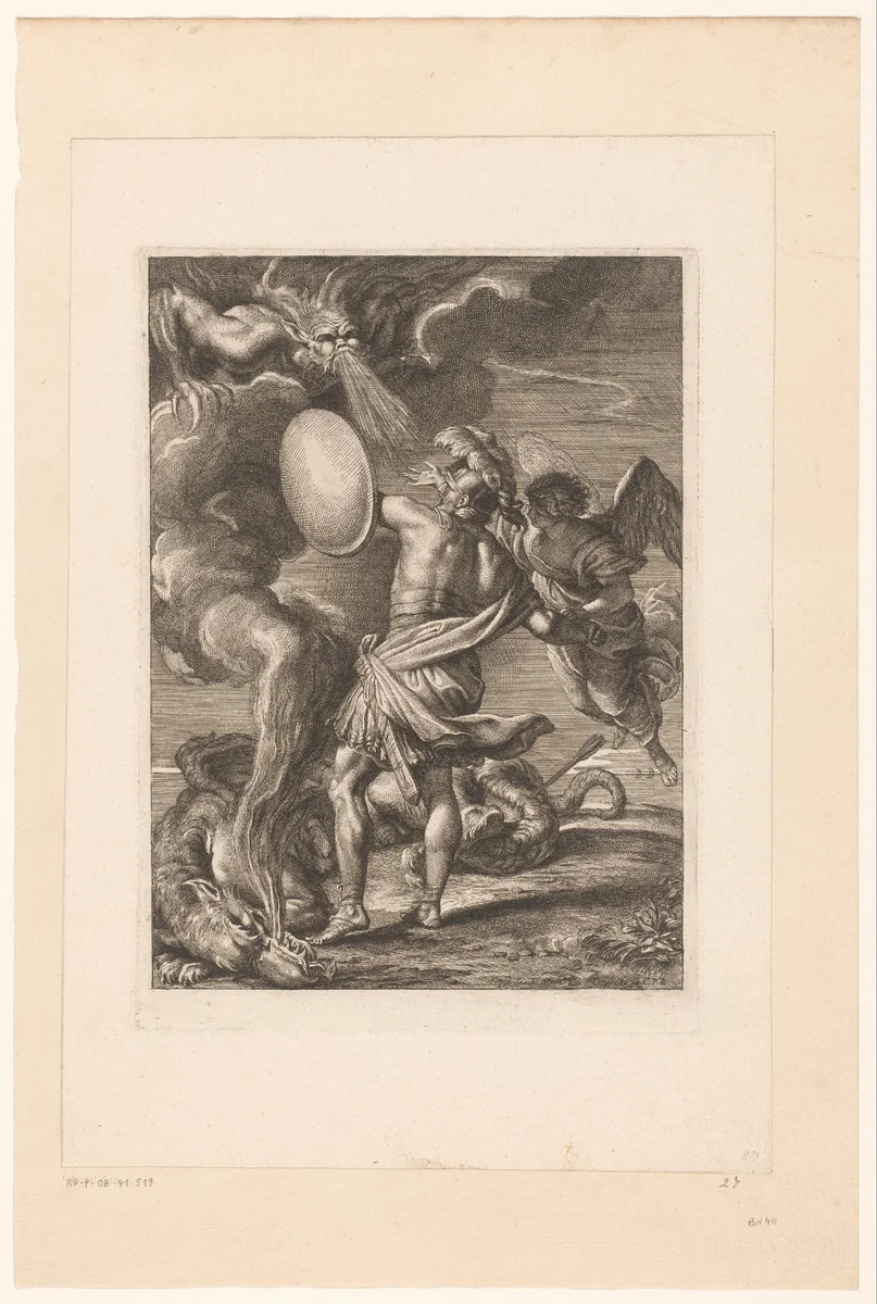 Gevecht tussen soldaat en duivel by Gérard Audran, print, 1650-1703