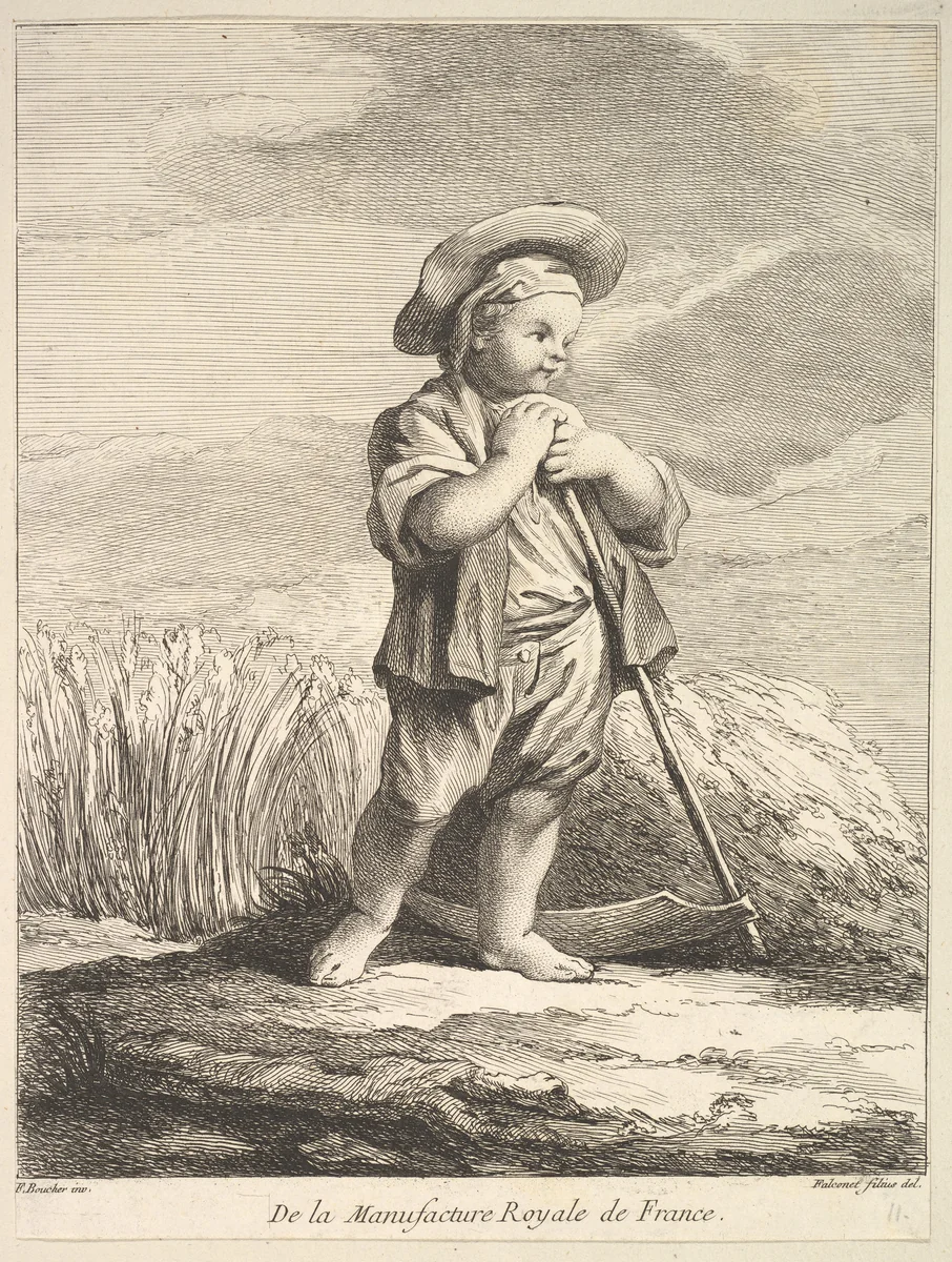 Little boy with a scythe, from Premier Livre de Figures d'après les porcelaines de la Manufacture Royale de France, inventées en 1757, par Mr. Boucher (First Book of Figures after porcelains from the Manufacture Royale de France, devised in 1757, by Mr. Boucher) by Pierre Etienne Falconet, print, 1757