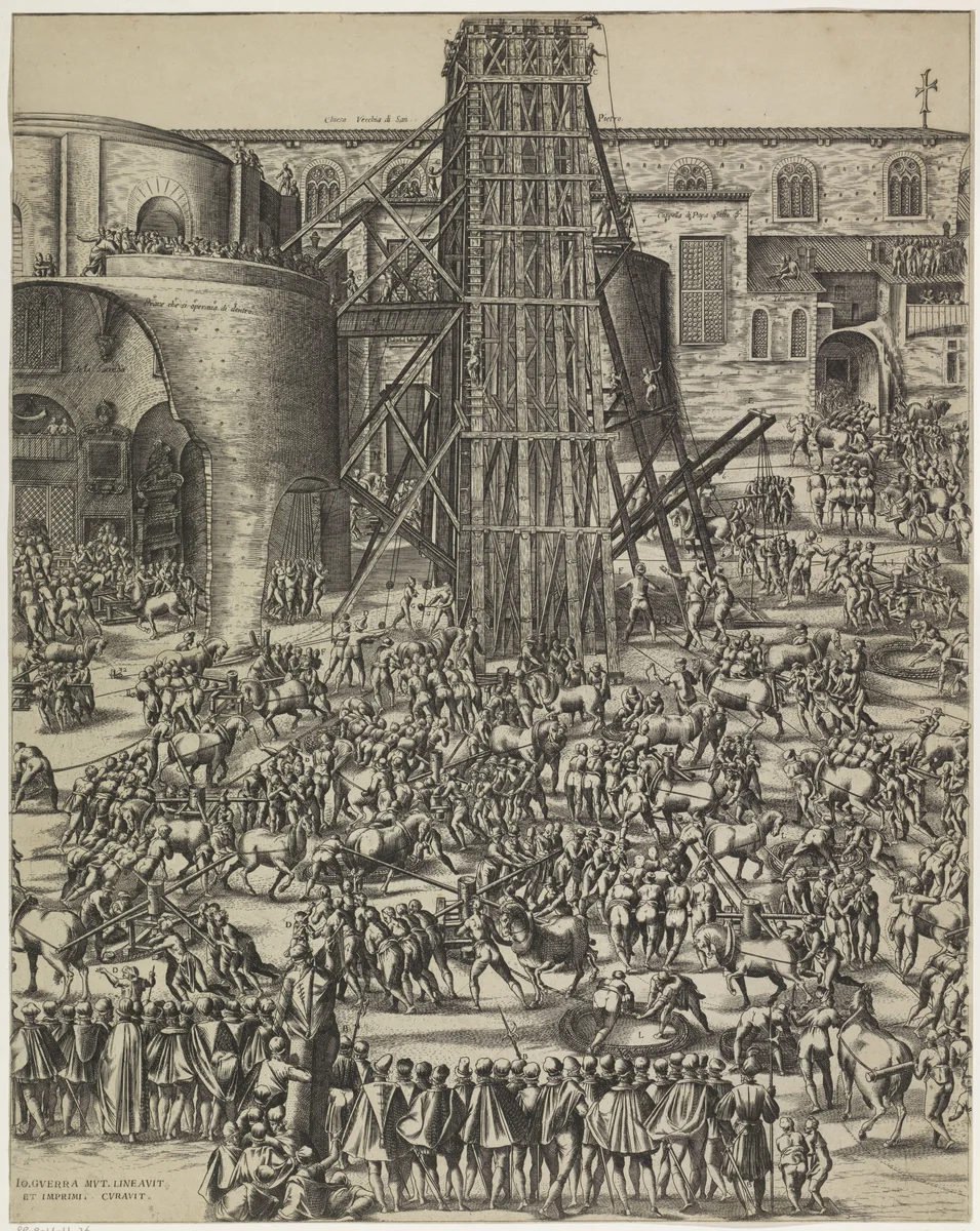 Het oprichten van de obelisk op het St. Pietersplein by Natale Bonifazio, print, 1586