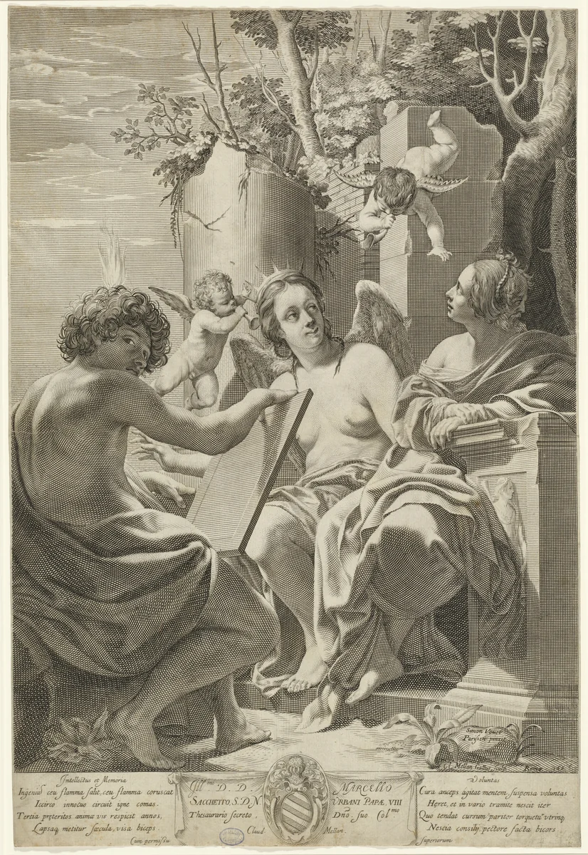 Allegory of Intellect, Memory, and Will by Claude Mellan, Simon Vouet, print, 1625