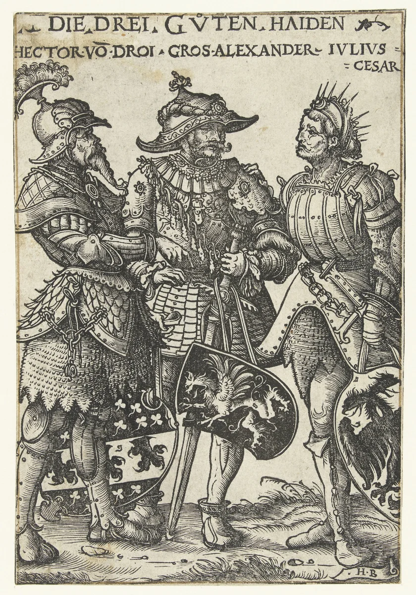 Hector van Troje, Alexander de Grote en Julius Caesar als drie helden uit de Oudheid by Unknown, print, 1516-1519