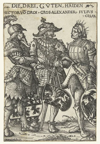 Hector van Troje, Alexander de Grote en Julius Caesar als drie helden uit de Oudheid by Unknown, print, 1516-1519