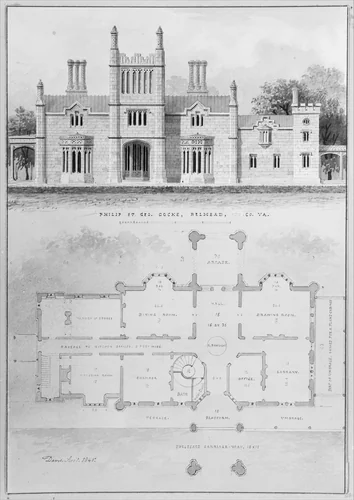 Belmead, for Philip St. George Cocke, Powhatan Co., Virginia (elevation and plan) by Alexander Jackson Davis, drawing, 1845