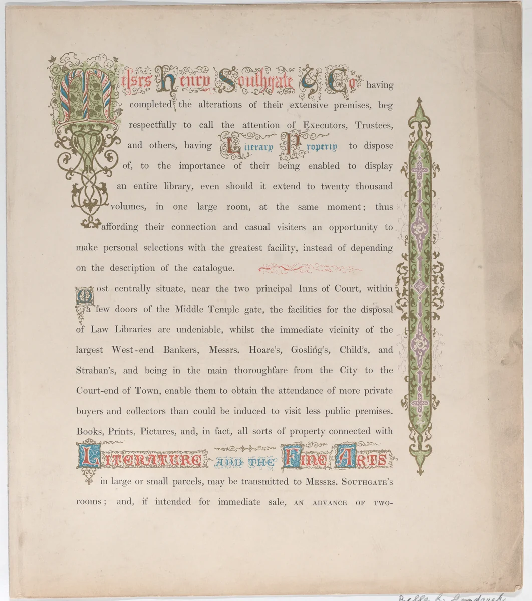 Trade Card for Messrs. Henry Southgate & Co., Book Sellers by Vizetelly Brothers & Co., print, 1825-1900