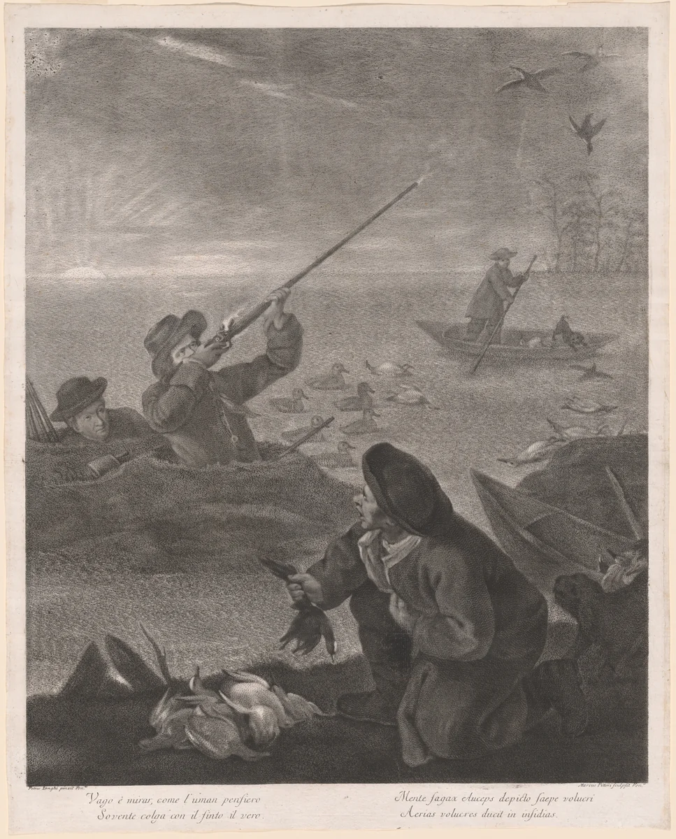 Vago é mirar, come l'uman pensiero... (Shooting from the Hide) by Marco Alvise Pitteri; Pietro Longhi, print, 1763