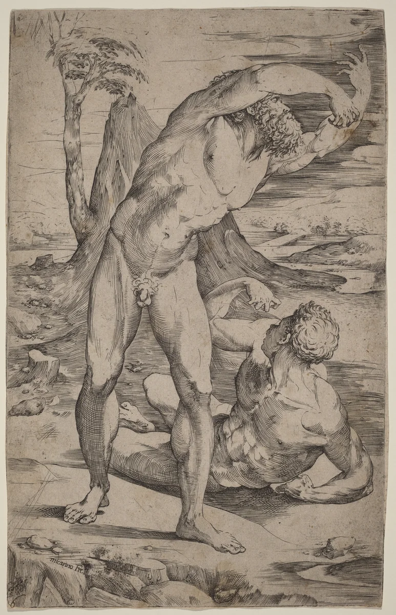 Two Male Nudes Gesturing in a Landscape by Domenico Beccafumi, print, 1537