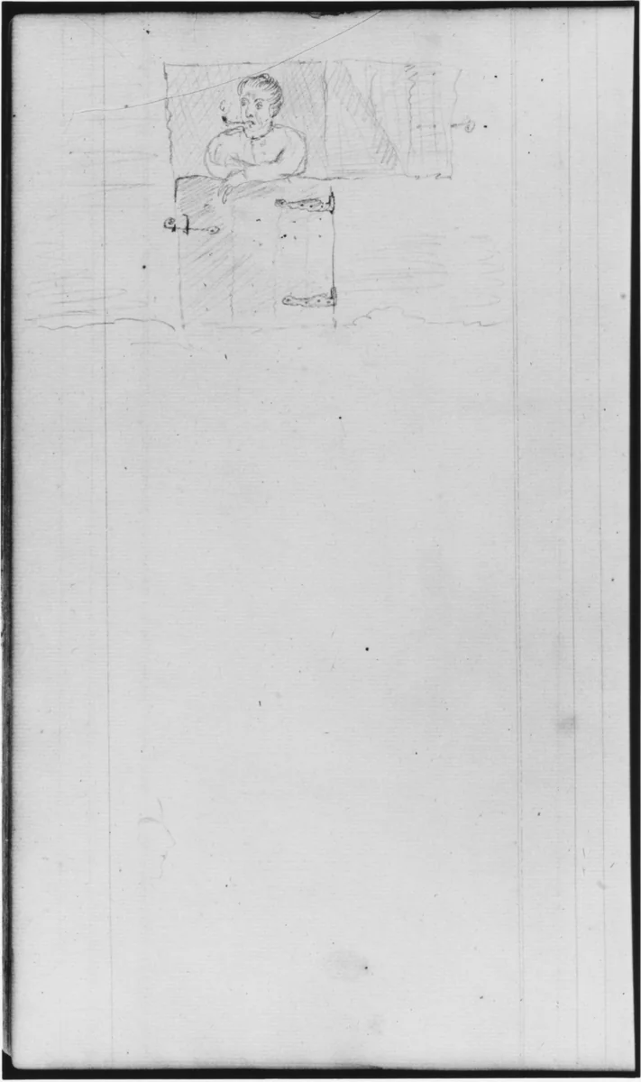 Man with Pipe Standing Behind (Barn) Door (from Sketchbook) by John William Casilear, artwork, 1811-1893