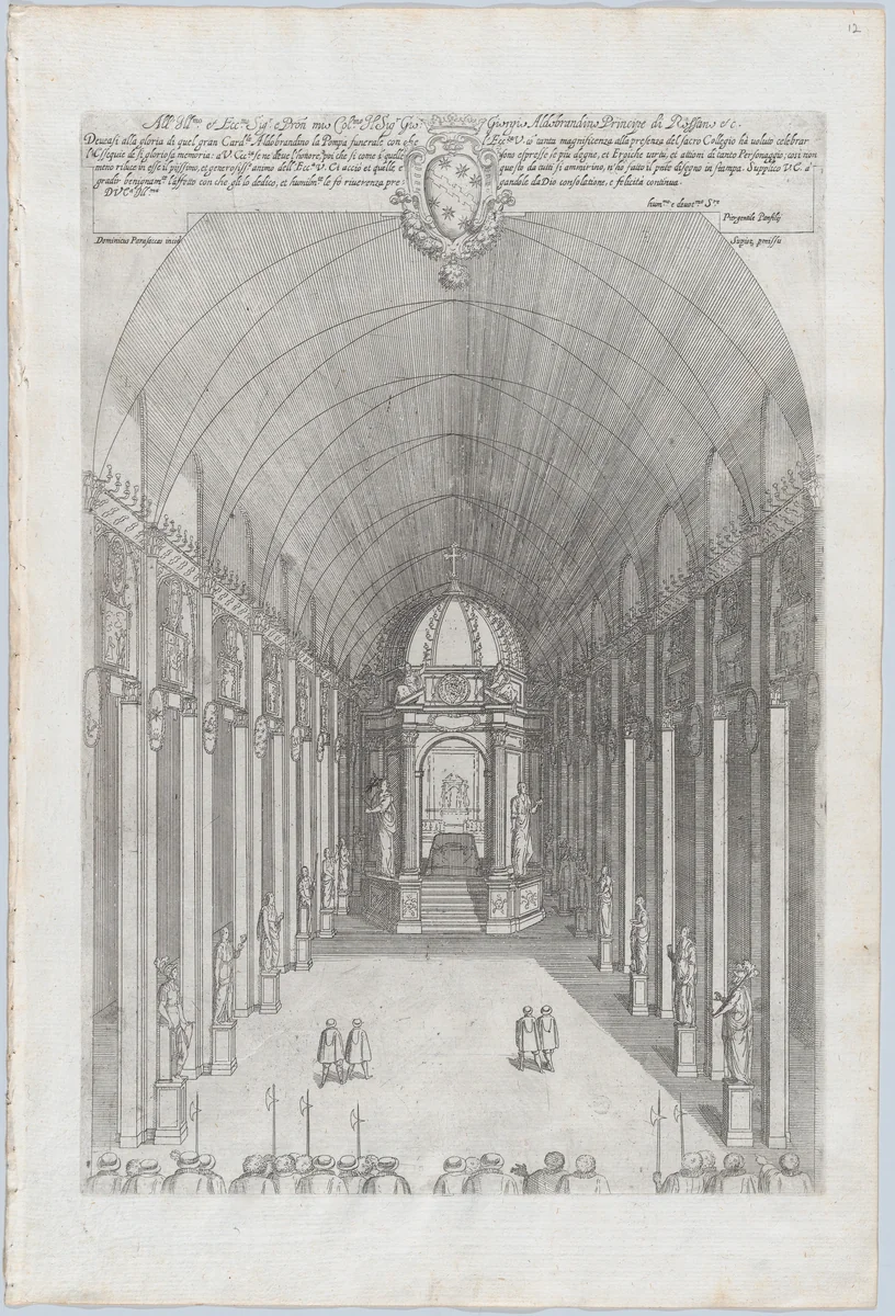 Catafalque for Cardinal Pietro Aldobrandini in Santa Maria sopra Minerva, Rome; from 'Libro De Catafalchi, Tabernacoli, con varij designi di Porte fenestre et altri ornamenti di Architettura' by Domenico Parasacchi, book, 1621