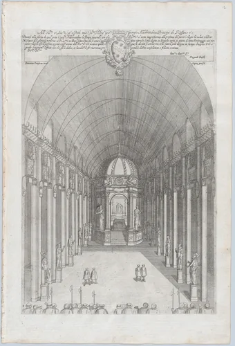 Catafalque for Cardinal Pietro Aldobrandini in Santa Maria sopra Minerva, Rome; from 'Libro De Catafalchi, Tabernacoli, con varij designi di Porte fenestre et altri ornamenti di Architettura' by Domenico Parasacchi, book, 1621