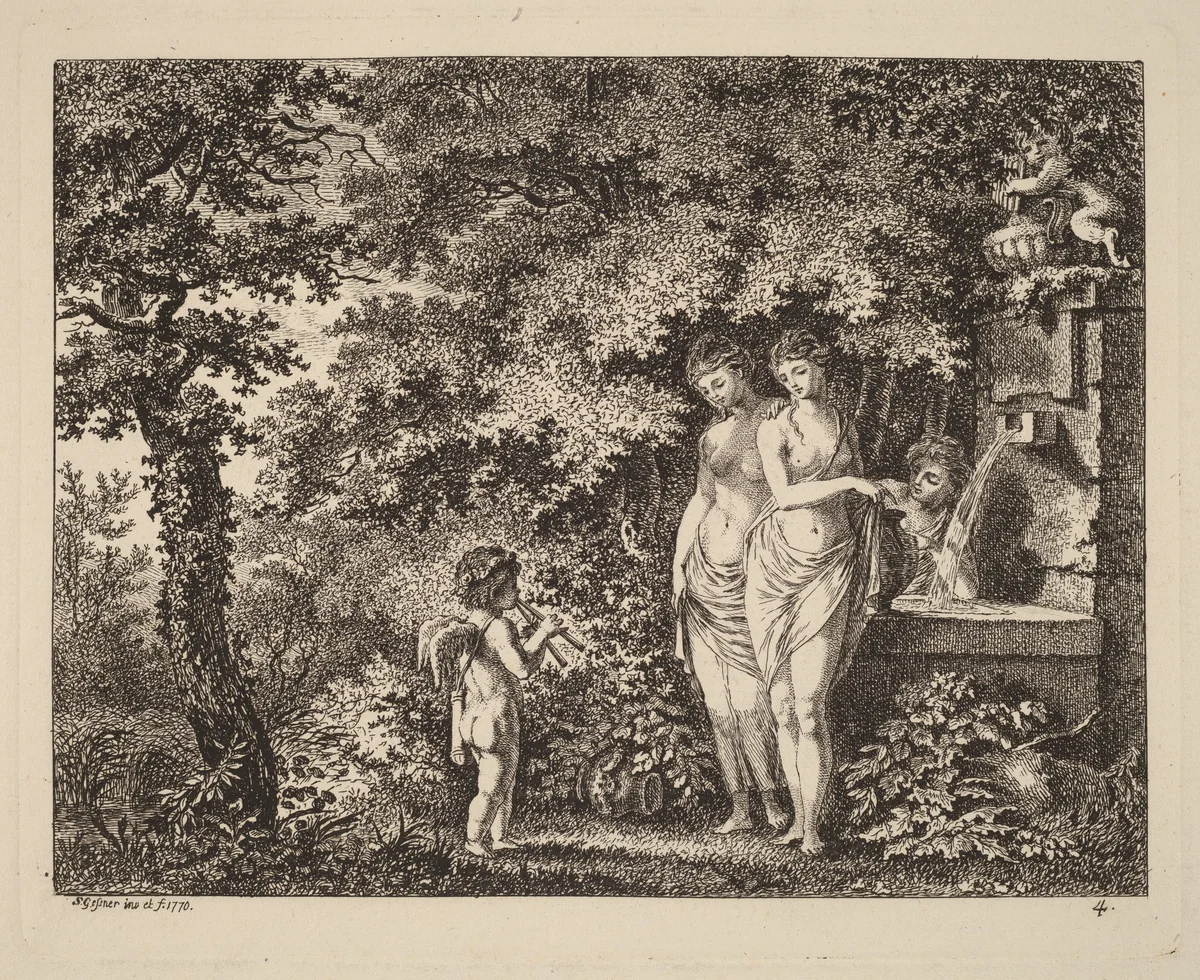 Eros with Three Girls at a Fountain by Salomon Gessner, print, 1770