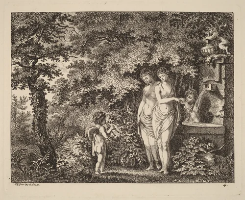 Eros with Three Girls at a Fountain by Salomon Gessner, print, 1770