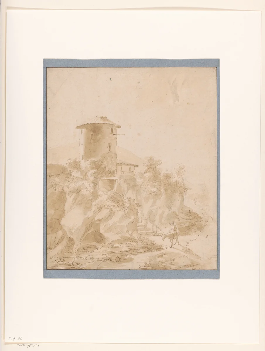 View of an Italianate Round Tower on a Rock by Jan Lapp, drawing, 1630-1644