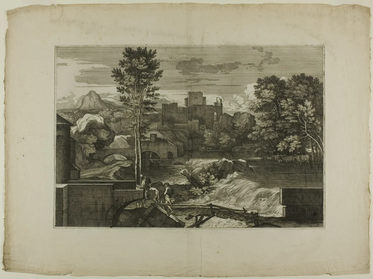 Waterfall at a Stone Bridge, with Castle in the Distance by Sébastien Bourdon, print, 1668-1671