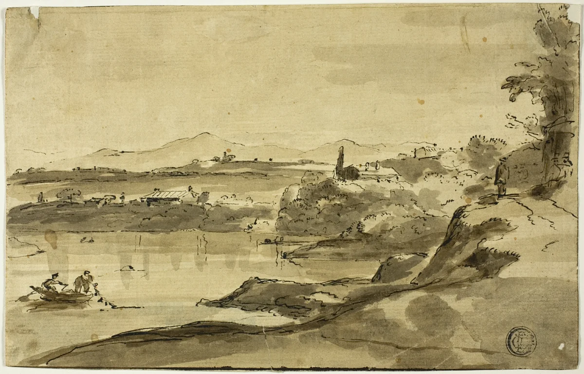 Landscape with Fisherman in Lake by Adam Pynacker, drawing, 1642-1673