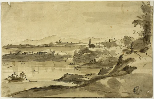 Landscape with Fisherman in Lake by Adam Pynacker, drawing, 1642-1673