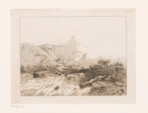 Rotsachtig landschap met rivier en reiger by Jean Théodore Joseph Linnig, print, 1848-1849