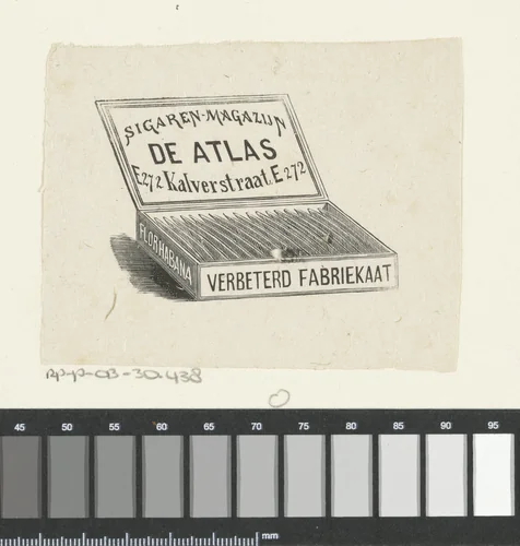 Vignet van sigarenmagazijn 'De Atlas' te Amsterdam by Isaac Weissenbruch, print, 1836-1912