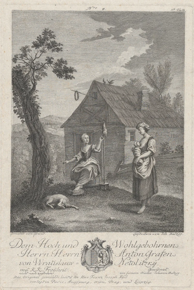 Landscape with a woman spinning and a woman nursing a child by Johann Balzer, print, 1755-1799
