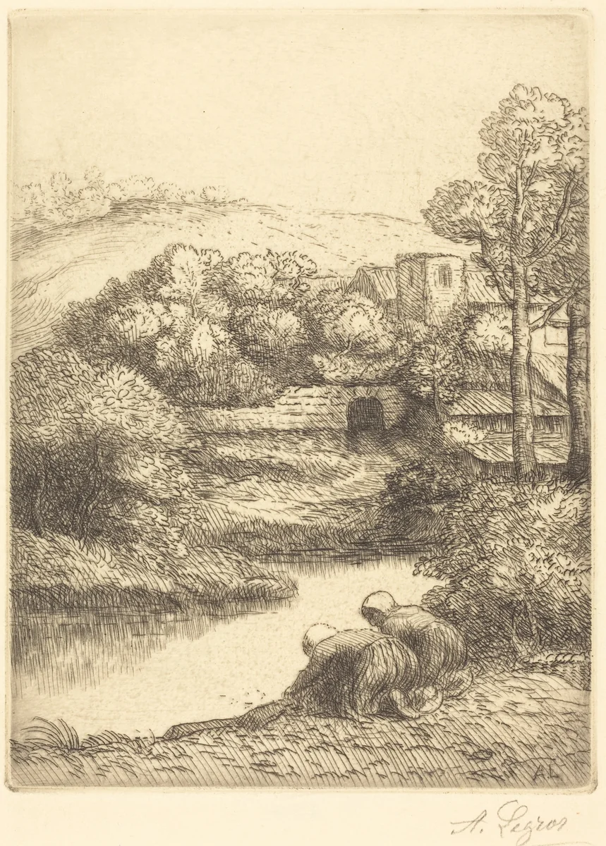 Wash-house, called "The Washerwomen" (Le lavoir, dite "Les Laveuses") by Alphonse Legros, print, 1837-1911