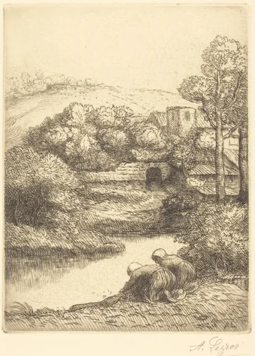 Wash-house, called "The Washerwomen" (Le lavoir, dite "Les Laveuses") by Alphonse Legros, print, 1837-1911