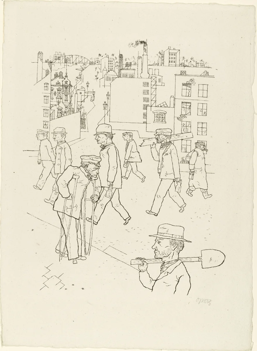 War Invalid and Workers from In the Shadows (Im Schatten) by George Grosz, print, 1920