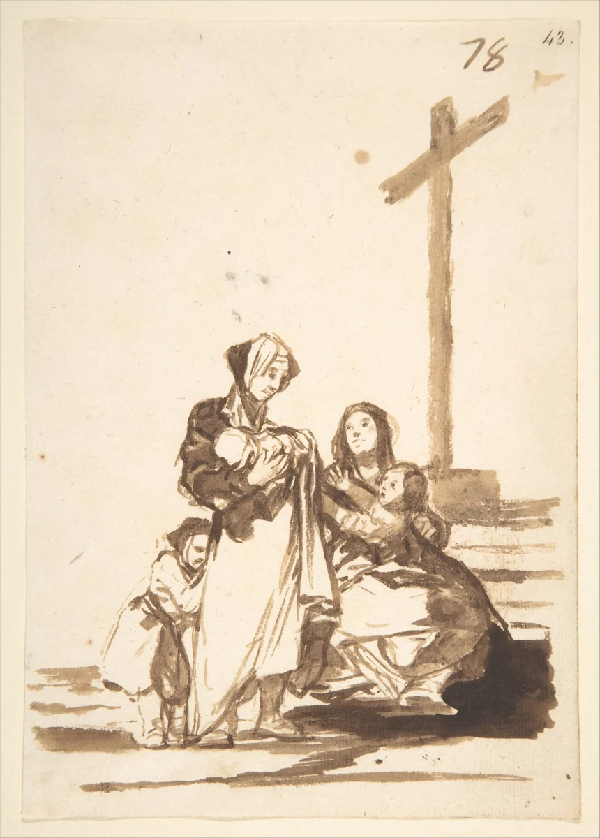 Women and children near a cross; folio 78 from the "Images of Spain" Album (F) by Goya, drawing, 1807-1825