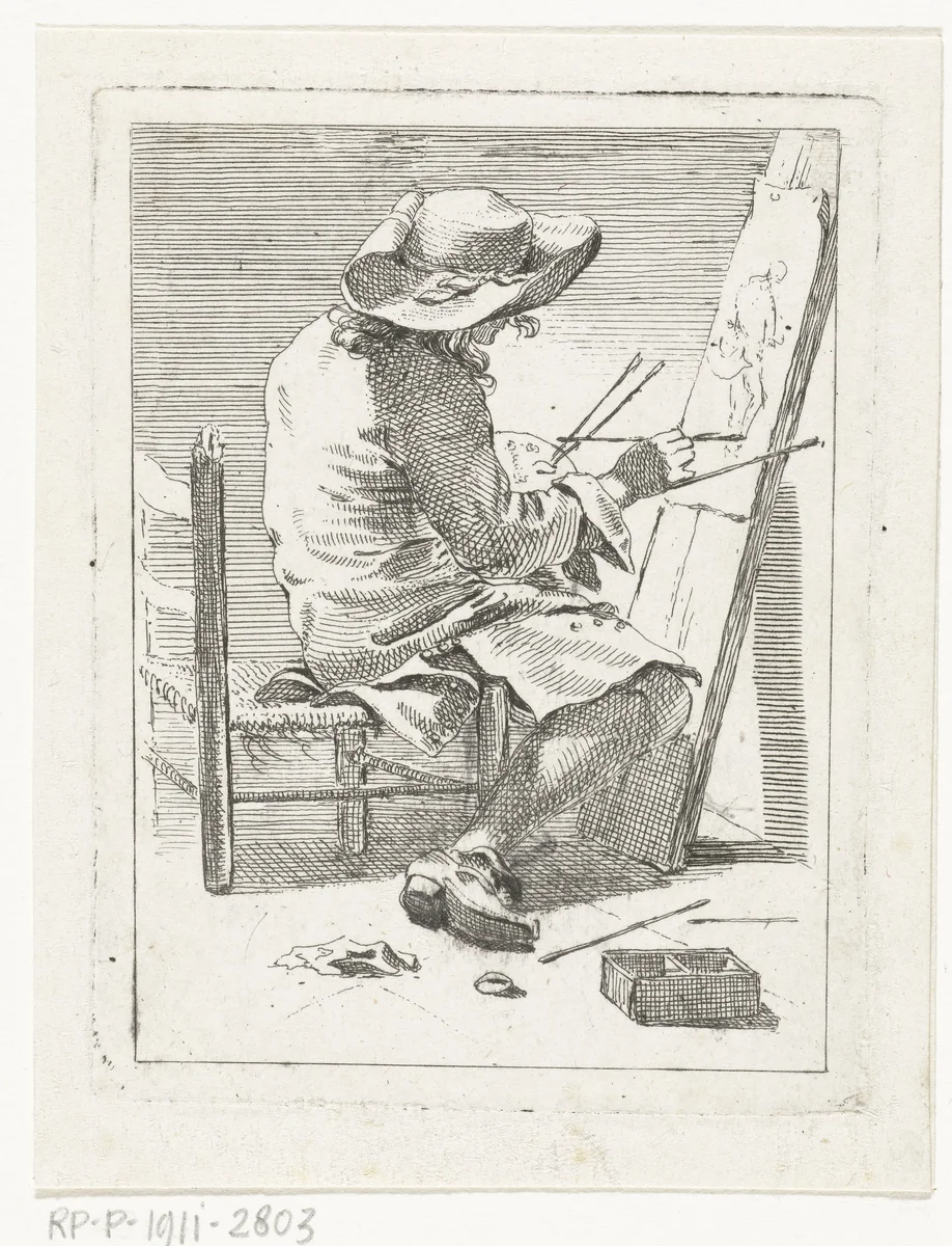 Schilder met palet en penselen aan het werk voor zijn ezel by Johannes Best, print, 1807-1855