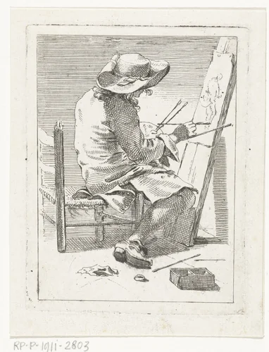 Schilder met palet en penselen aan het werk voor zijn ezel by Johannes Best, print, 1807-1855