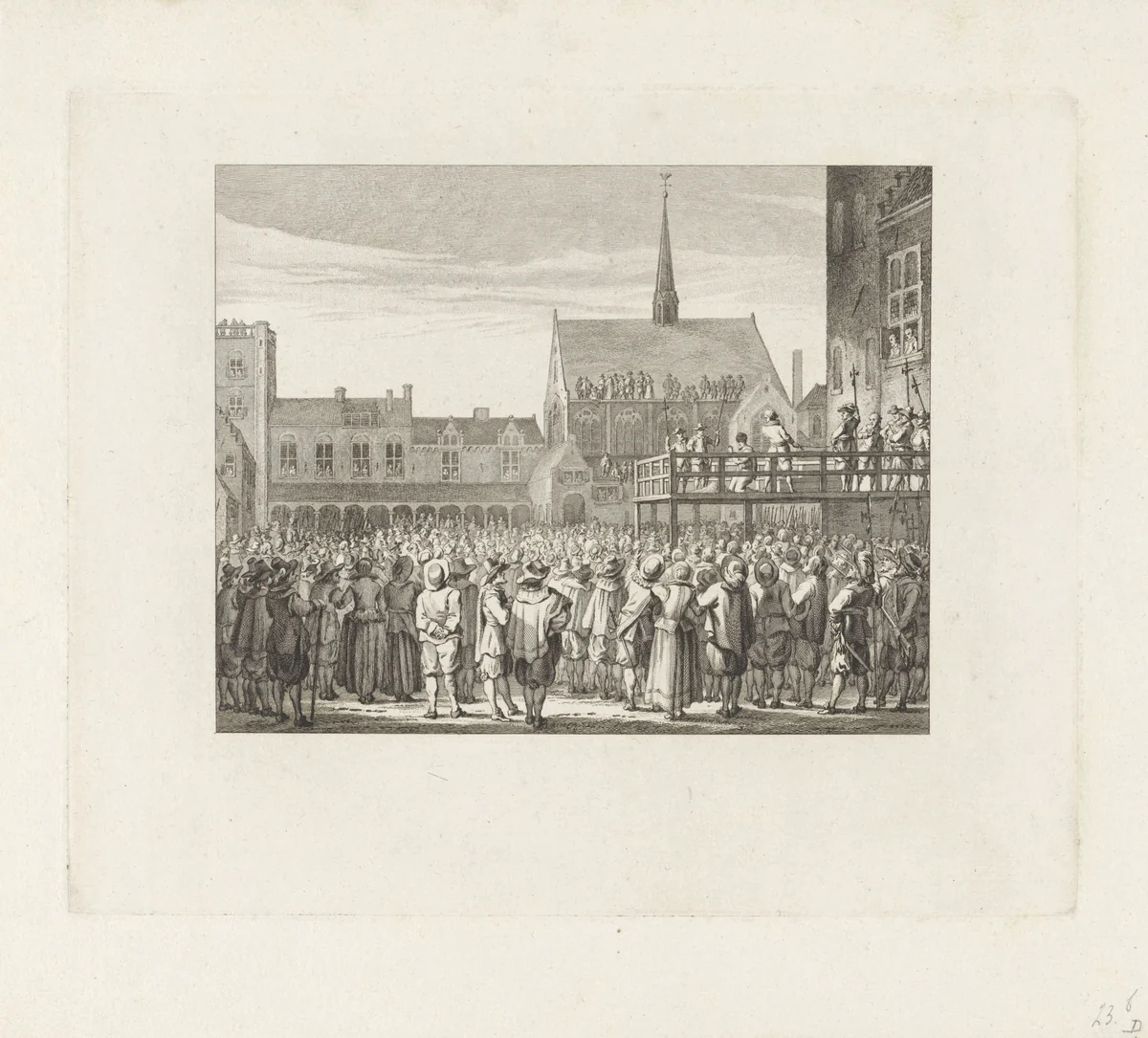 Onthoofding van Johan van Oldenbarnevelt, 1619 by Reinier Vinkeles, print, 1777