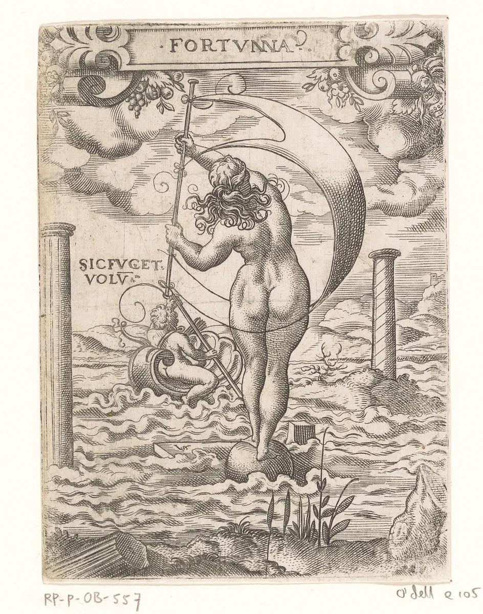 Fortuna op een globe met een gebold zeil by Unknown, print, 1524-1562