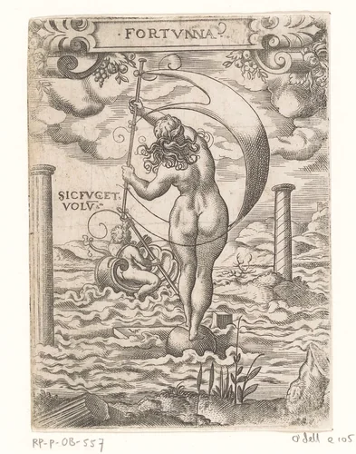 Fortuna op een globe met een gebold zeil by Unknown, print, 1524-1562