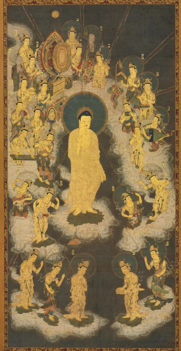 Welcoming Descent of Amida (Amida Raigō) by Unknown, painting, 1300-1333