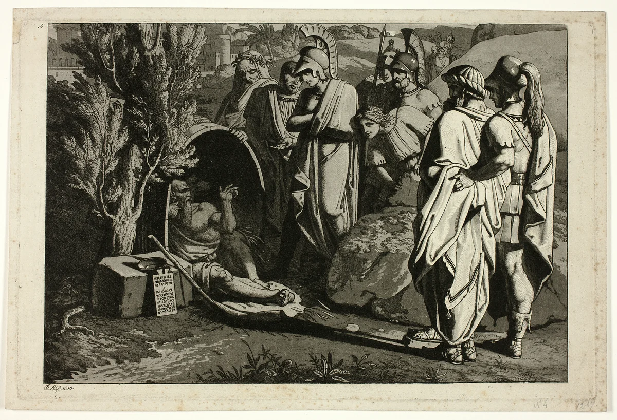 Diogenes in His Tub with Alexande and His Generals by Carl Russ, print, 1810
