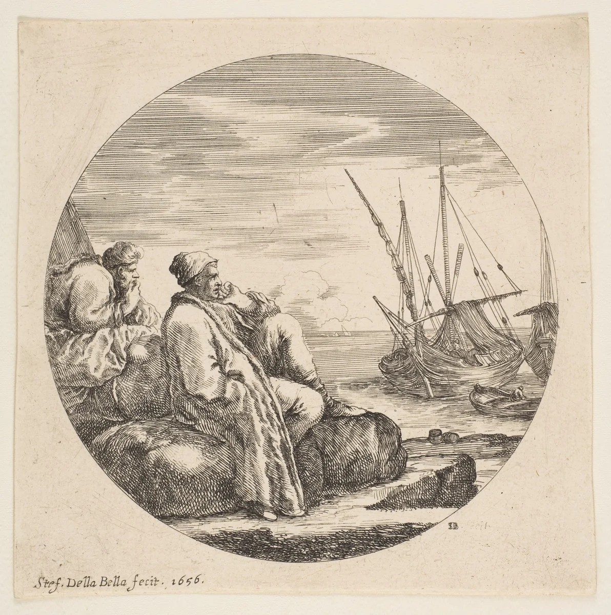 Two Turkish Merchants in a Port, from "Landscapes and seaports" (Paysages et ports de mer, dans des ronds) by Stefano della Bella, print, 1656