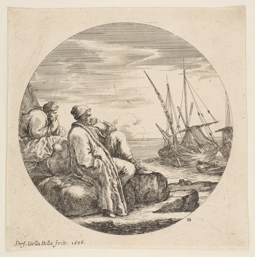 Two Turkish Merchants in a Port, from "Landscapes and seaports" (Paysages et ports de mer, dans des ronds) by Stefano della Bella, print, 1656