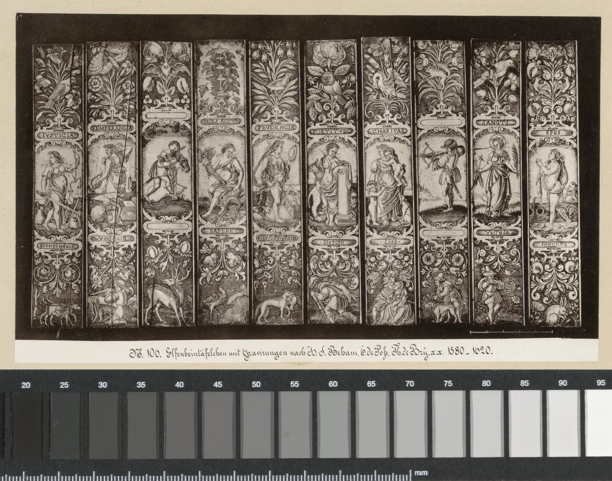 Ivoren tafel met gravures naar Beham, De Poss en De Bry by anonymous, print, 1869-1887